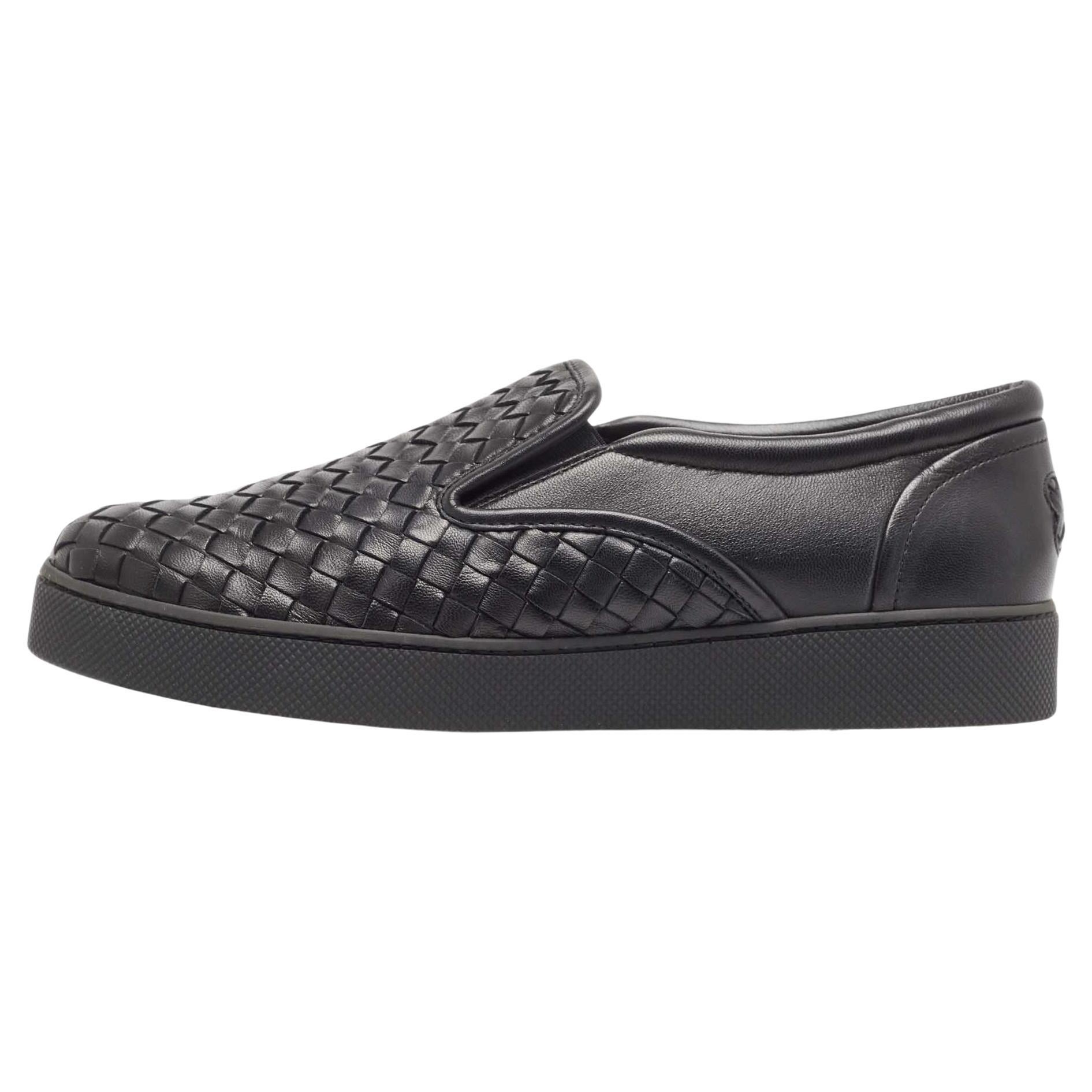 Bottega Veneta Black Intrecciato Leather Slip On Sneakers Size 40 For Sale