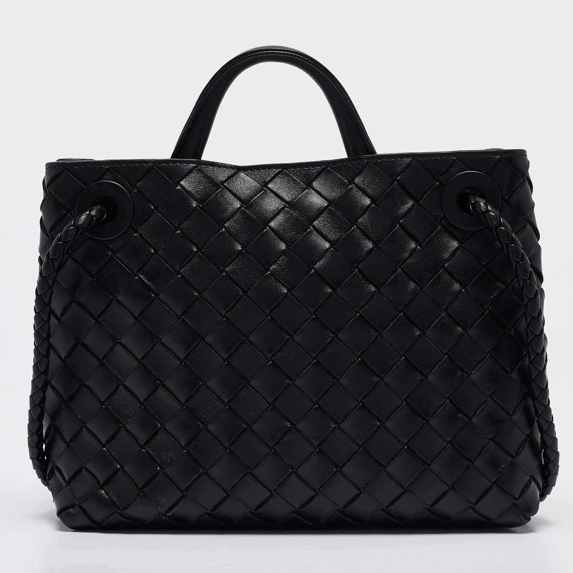 Women's Bottega Veneta Black Intrecciato Leather Small Andiamo Top Handle Bag