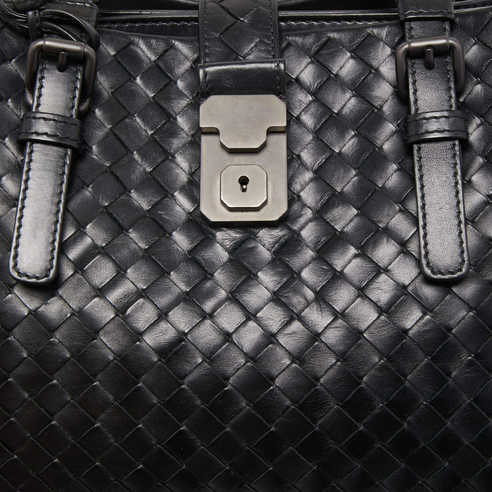 Bottega Veneta Schwarze Intrecciato Roma Tragetasche aus Leder 7