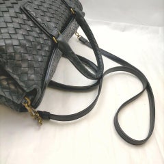 Bottega Veneta Black Intrecciato Leather Woven Boston Duffle Bag with Strap