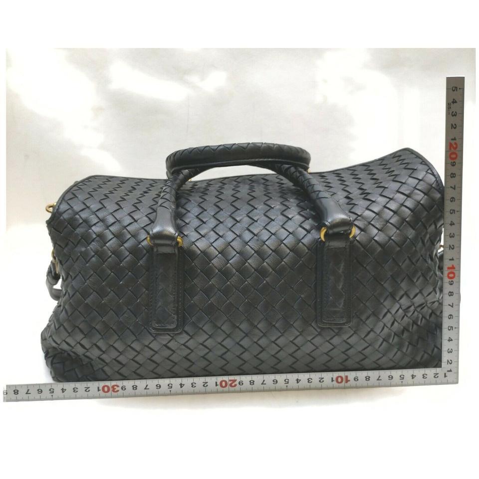Women's Bottega Veneta Black Intrecciato Leather Woven Boston Duffle Bag with Strap