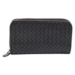 Bottega Veneta Black Intrecciato Leather Zip Around Wallet