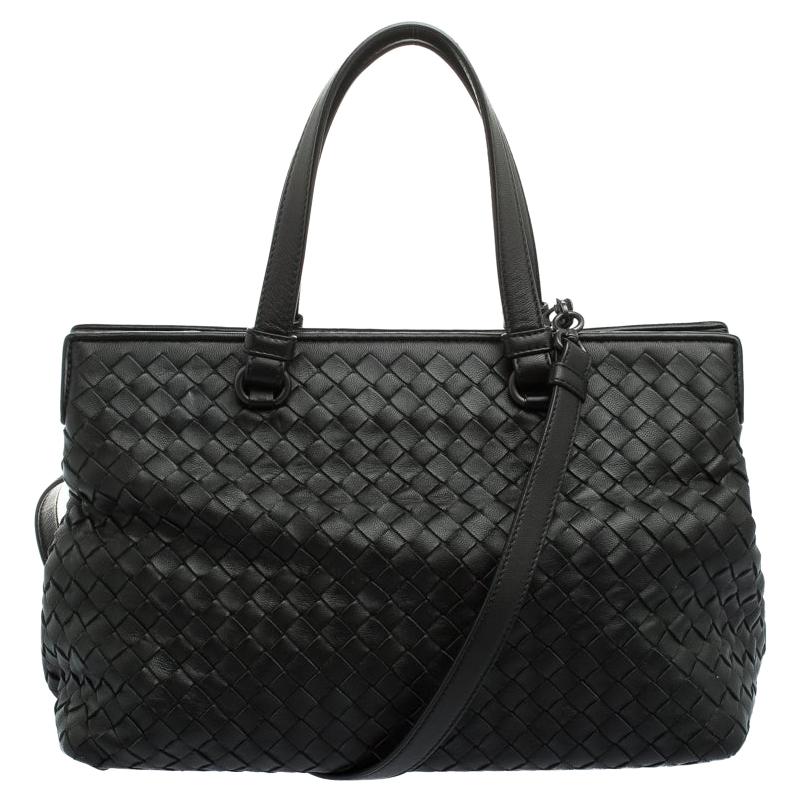 Bottega Veneta Black Intrecciato Nappa Leather Medium Top Handle Bag