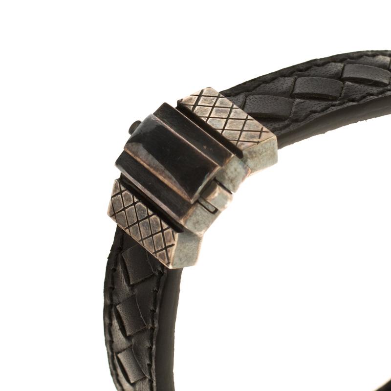 Contemporary Bottega Veneta Black Intrecciato Woven Leather Silver Bracelet