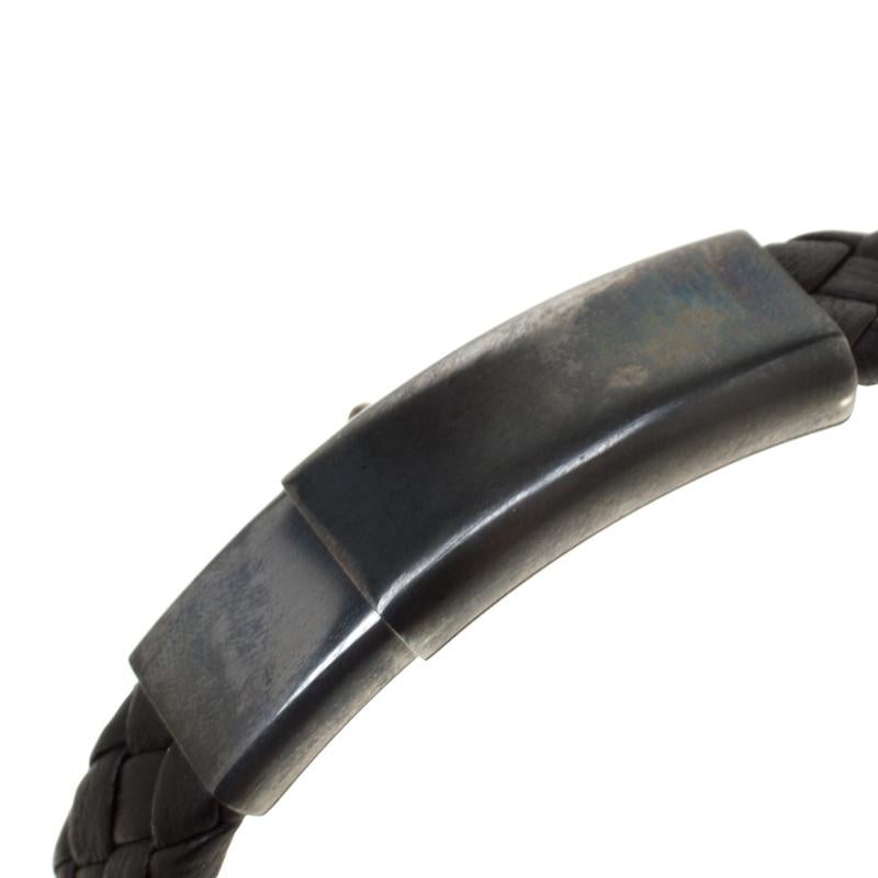 Contemporary Bottega Veneta Black Intrecciato Woven Leather Silver Bracelet