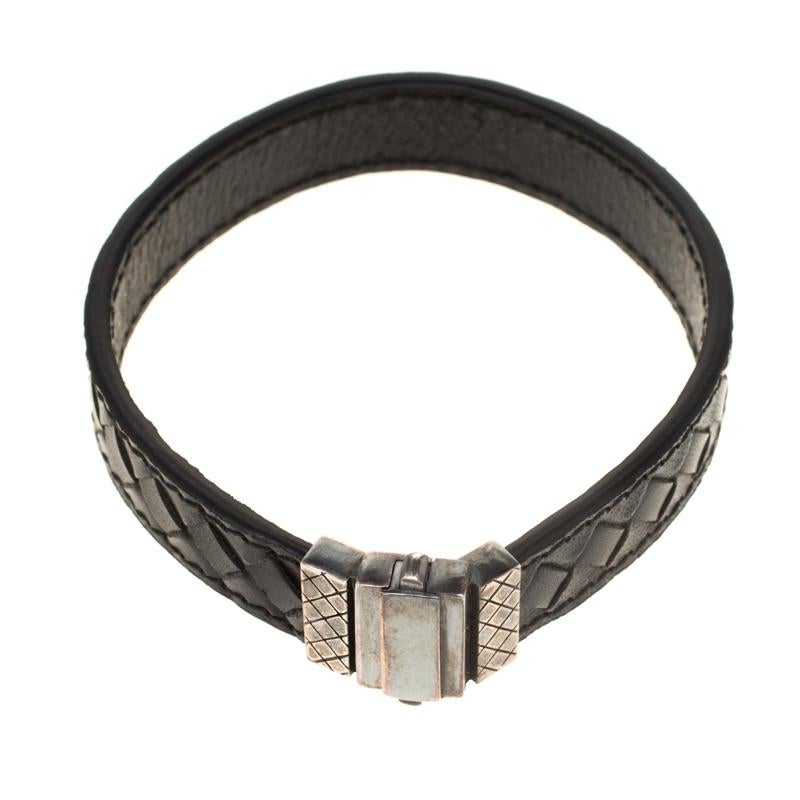 Men's Bottega Veneta Black Intrecciato Woven Leather Silver Bracelet