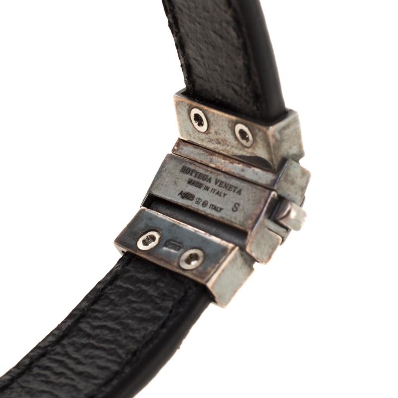 Bottega Veneta Black Intrecciato Woven Leather Silver Bracelet 1