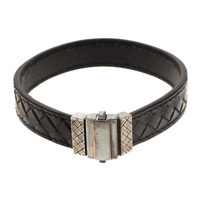 Bottega Veneta Black Intrecciato Woven Leather Silver Bracelet