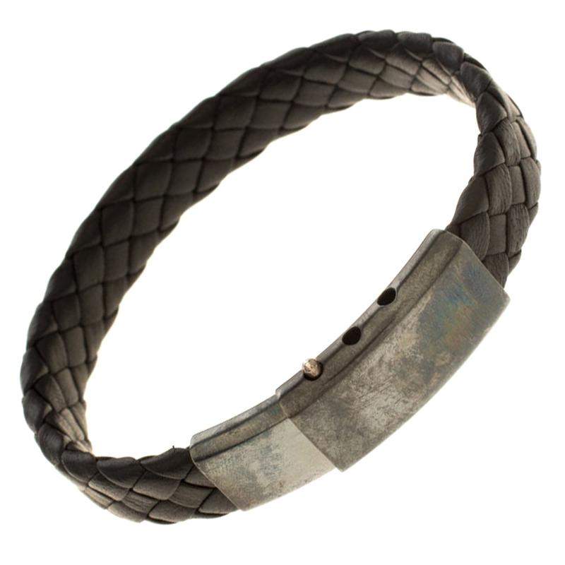 Bottega Veneta Black Intrecciato Woven Leather Silver Bracelet