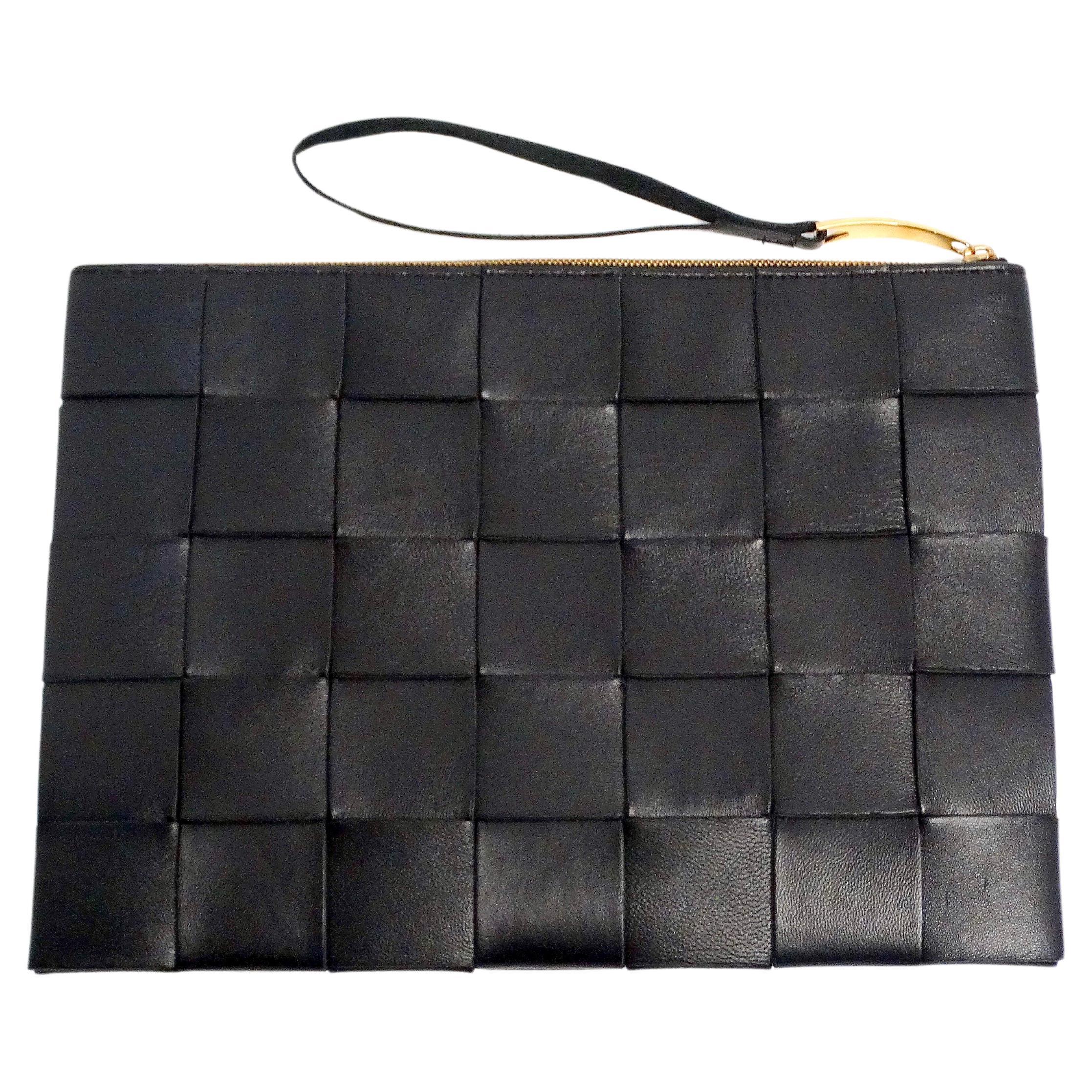 Bottega Veneta Black Intreccio Leather Wrist Pouch For Sale