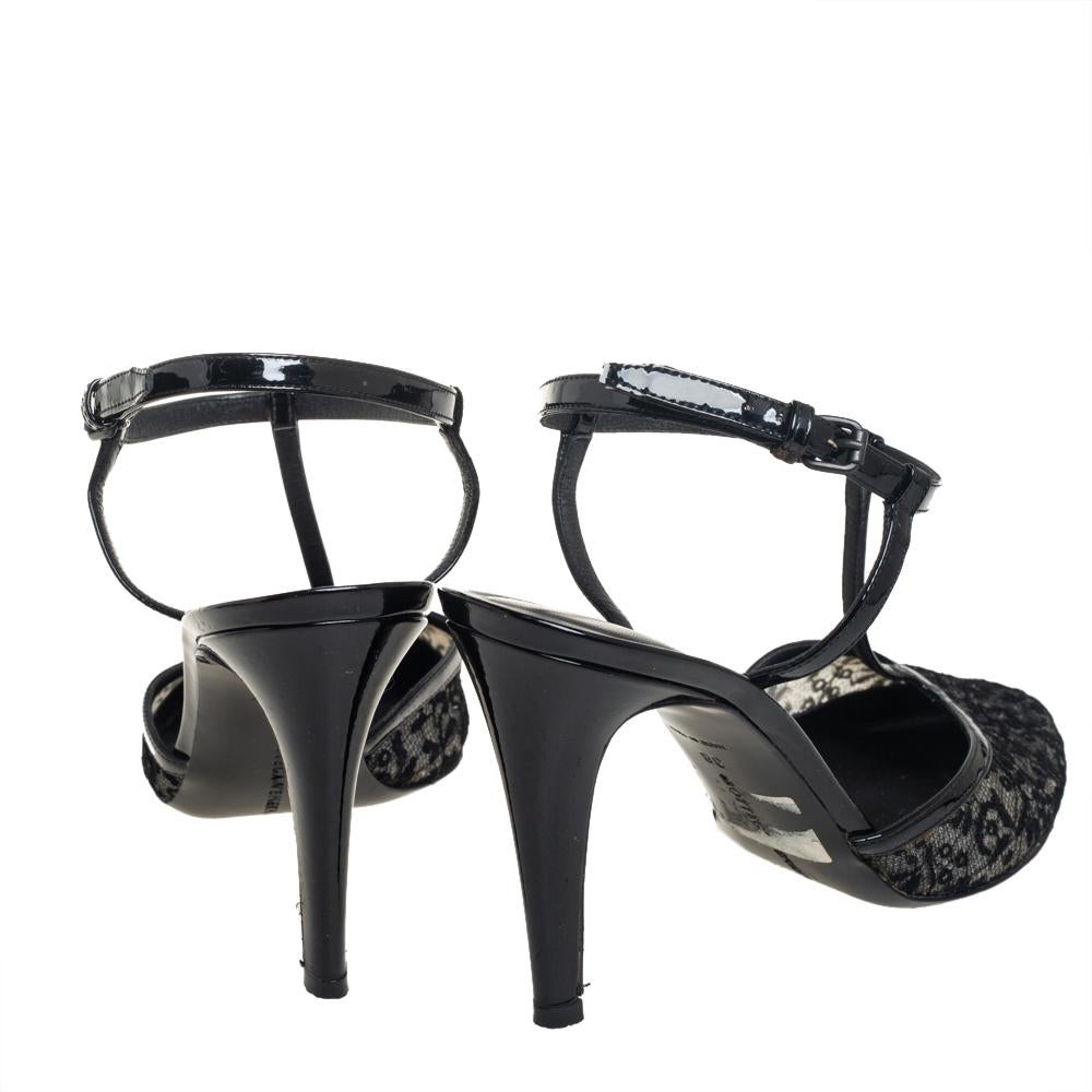Women's Bottega Veneta Black Lace And Patent Leather T Strap Sandals Size 38