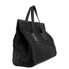 BOTTEGA VENETA black leather 2013 TRICOT RAFFIA INTRECCIATO Tote Bag
