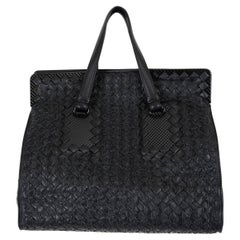 BOTTEGA VENETA black leather 2013 TRICOT RAFFIA INTRECCIATO Tote Bag