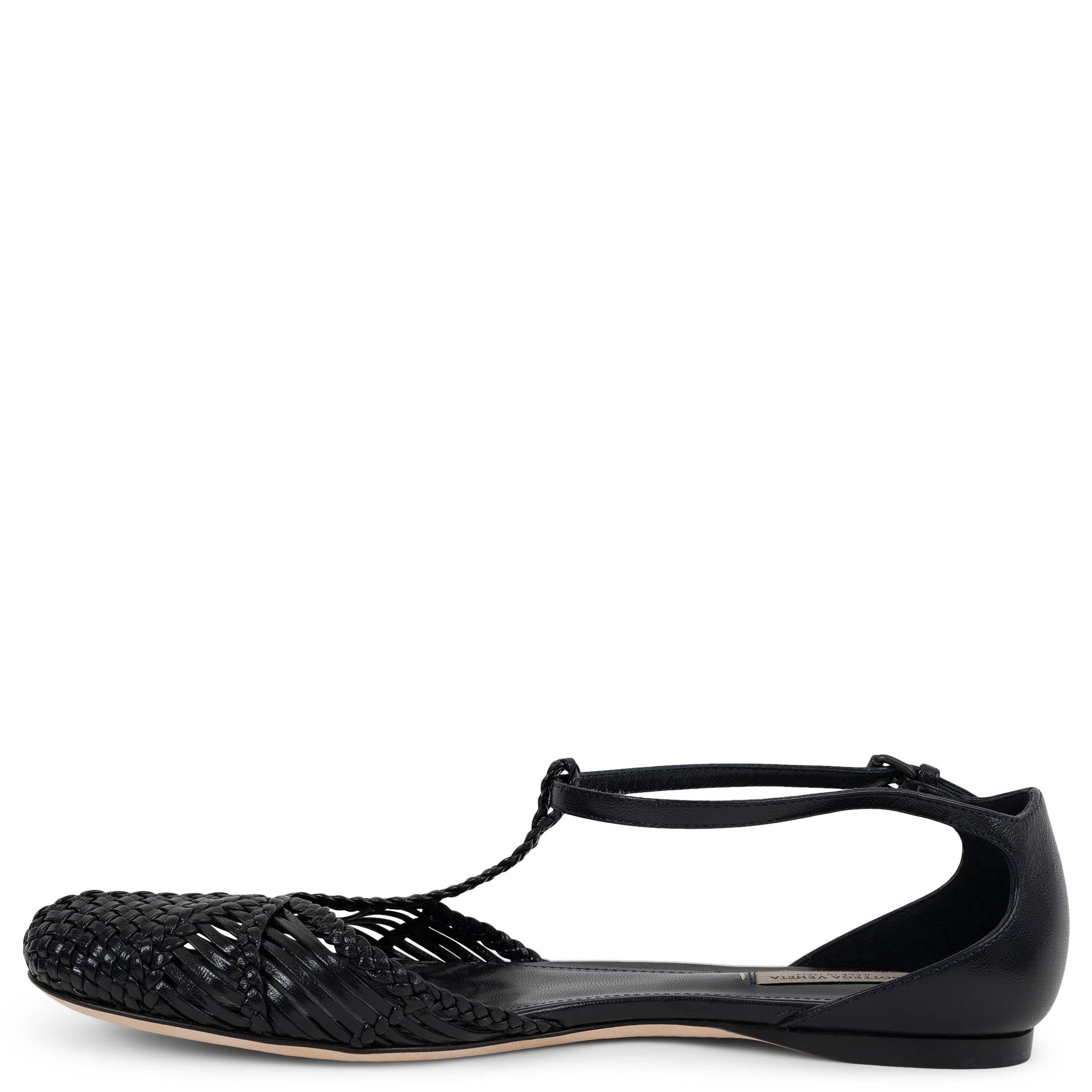 BOTTEGA VENETA schwarz Leder 2015 WOVE T-STRAP BALLET Flats Schuhe 37 (Schwarz)