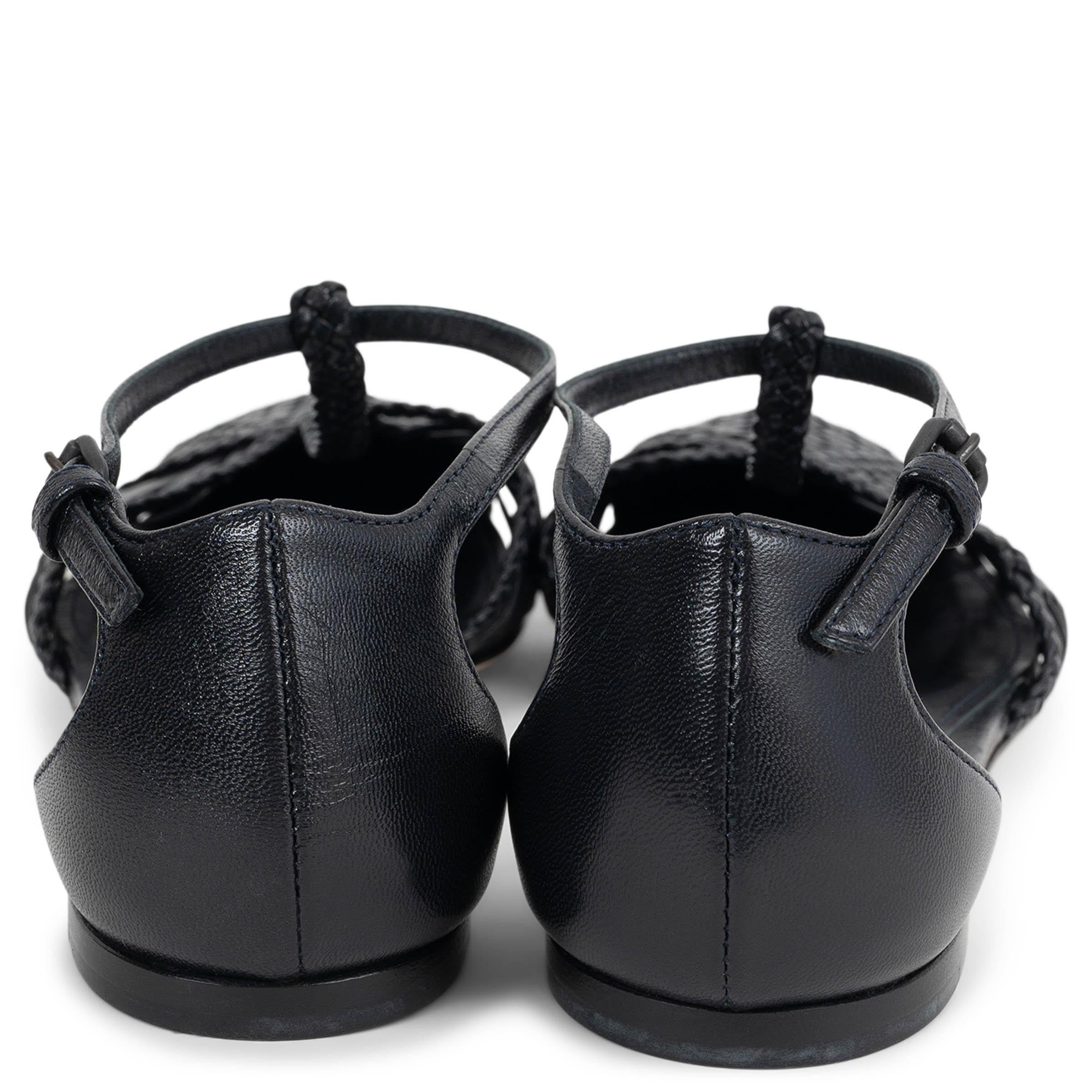 BOTTEGA VENETA schwarz Leder 2015 WOVE T-STRAP BALLET Flats Schuhe 37 im Zustand „Neu“ in Zürich, CH