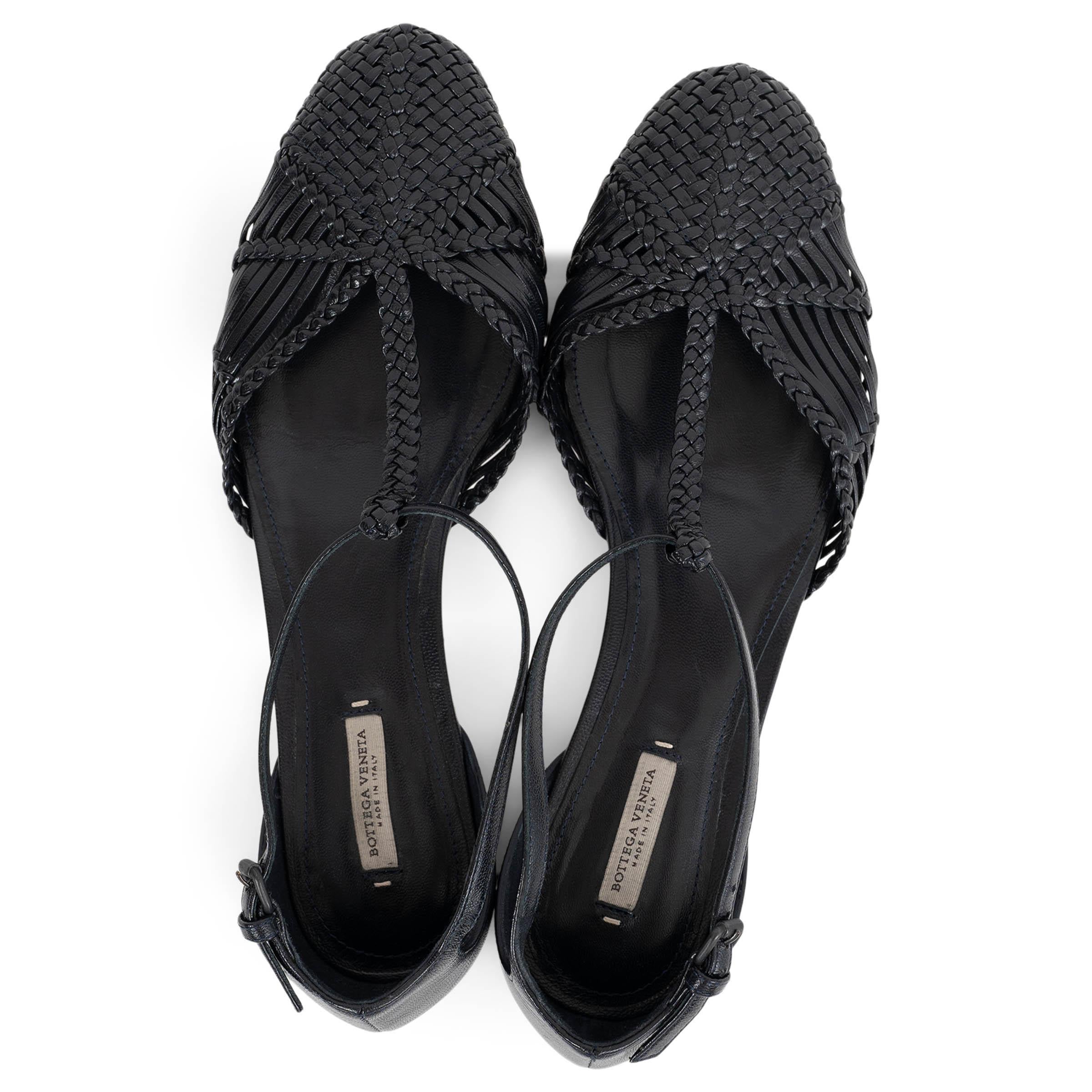 BOTTEGA VENETA schwarz Leder 2015 WOVE T-STRAP BALLET Flats Schuhe 37 Damen