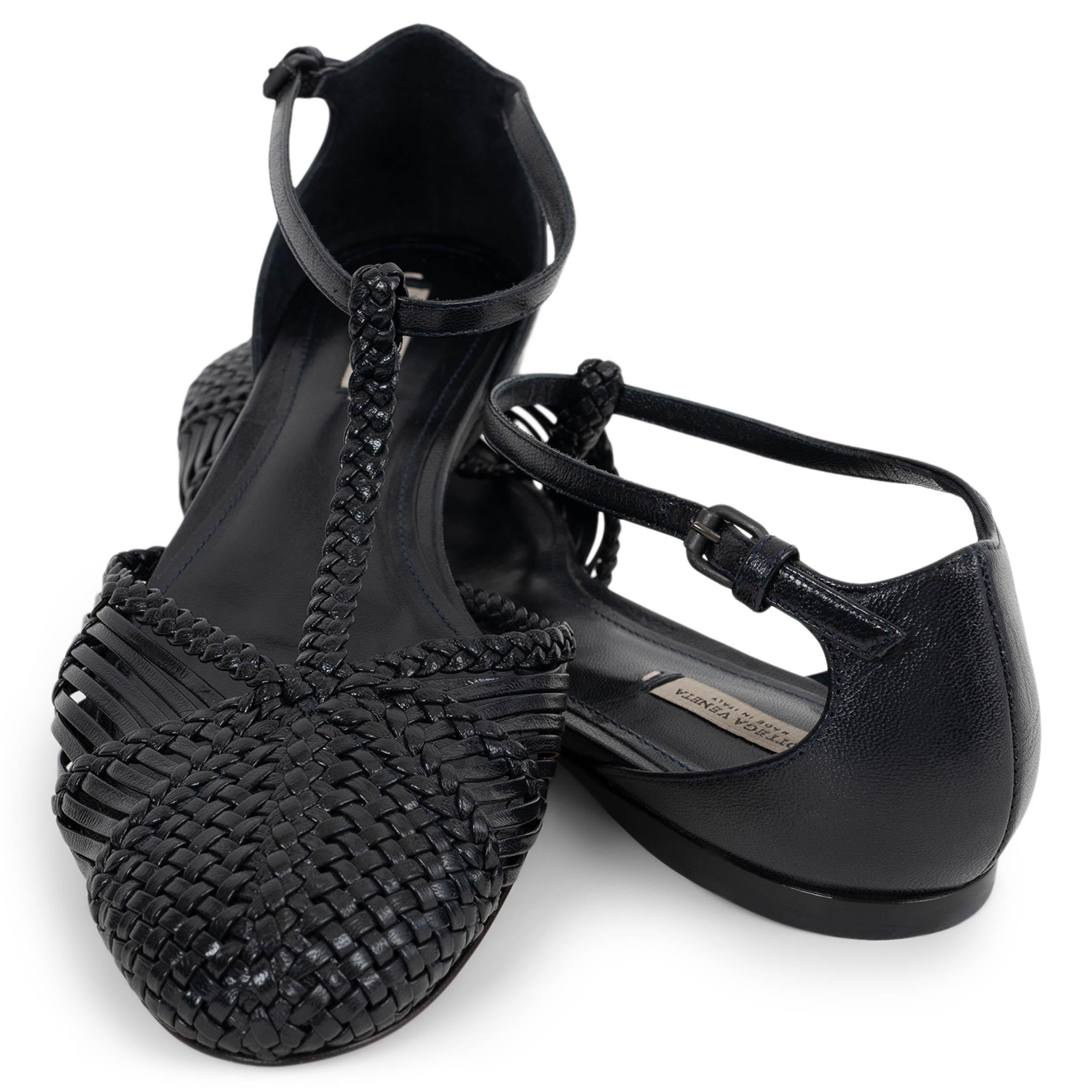 BOTTEGA VENETA schwarz Leder 2015 WOVE T-STRAP BALLET Flats Schuhe 37 1