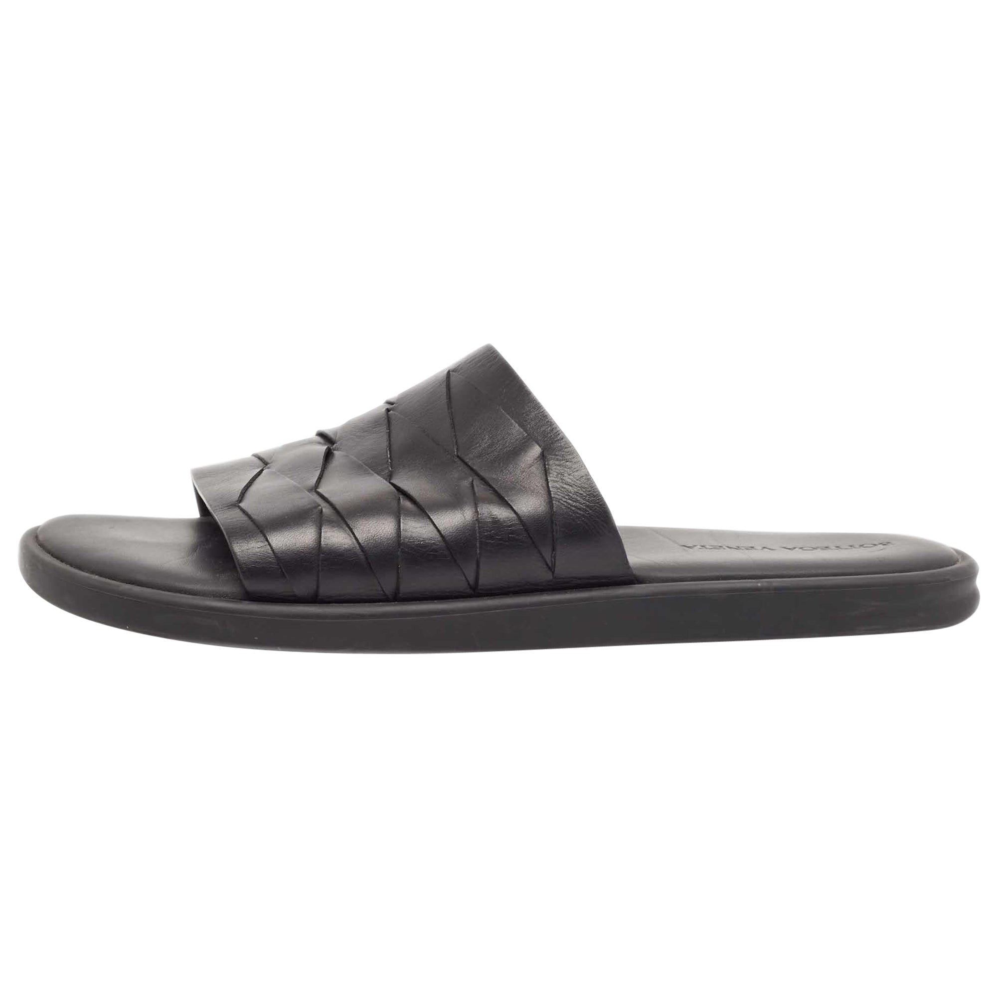Bottega Veneta Black Leather Flat Slides Size 44
