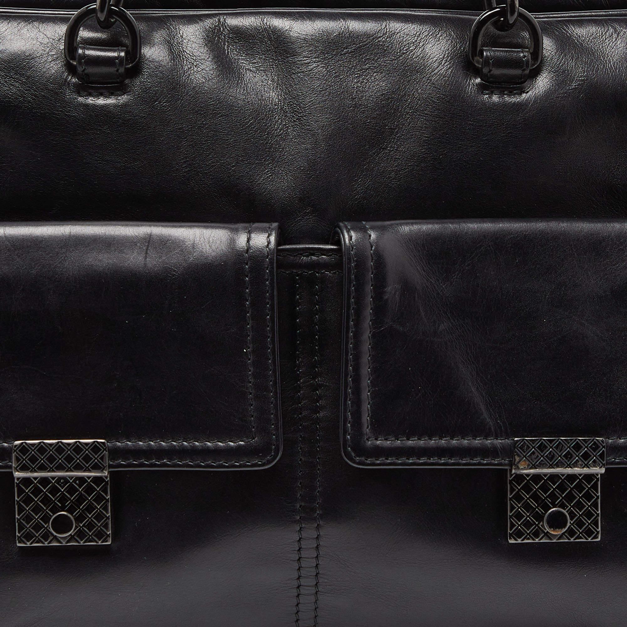 Bottega Veneta Black Leather Front Pocket Satchel For Sale 5