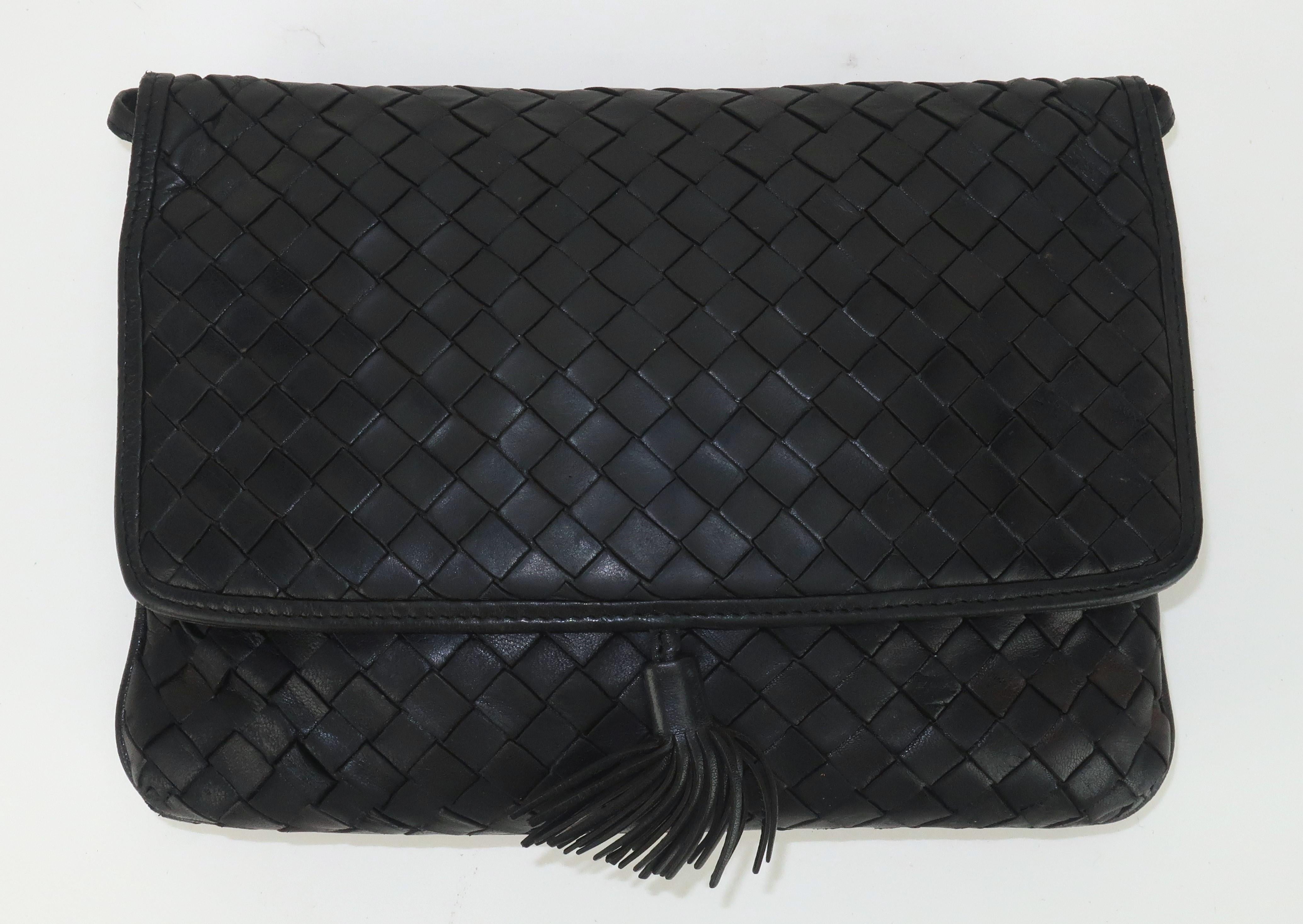 BOTTEGA VENETA Black Leather Intrecciato Shoulder Strap Handbag, 1970's 1