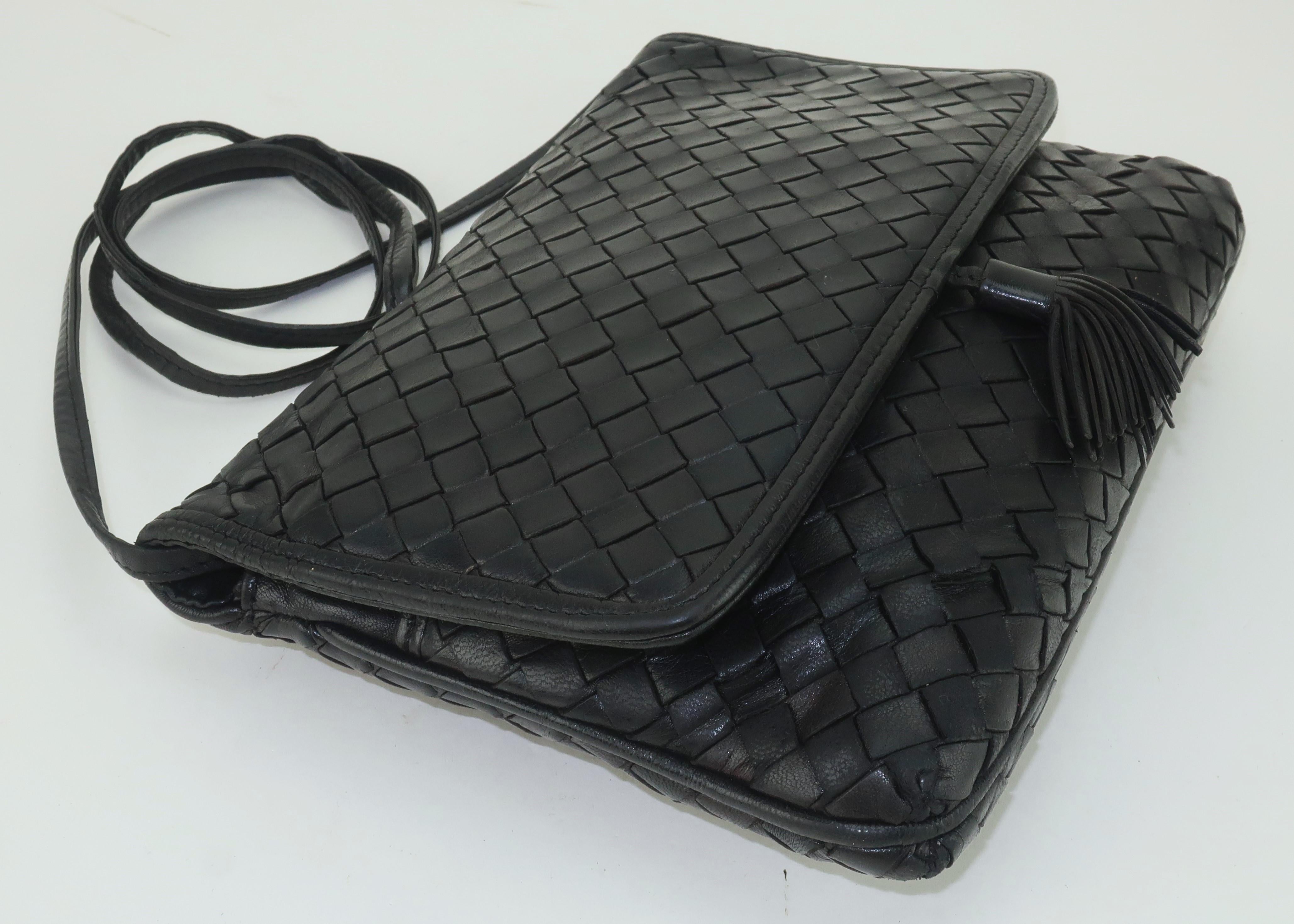 BOTTEGA VENETA Black Leather Intrecciato Shoulder Strap Handbag, 1970's 2