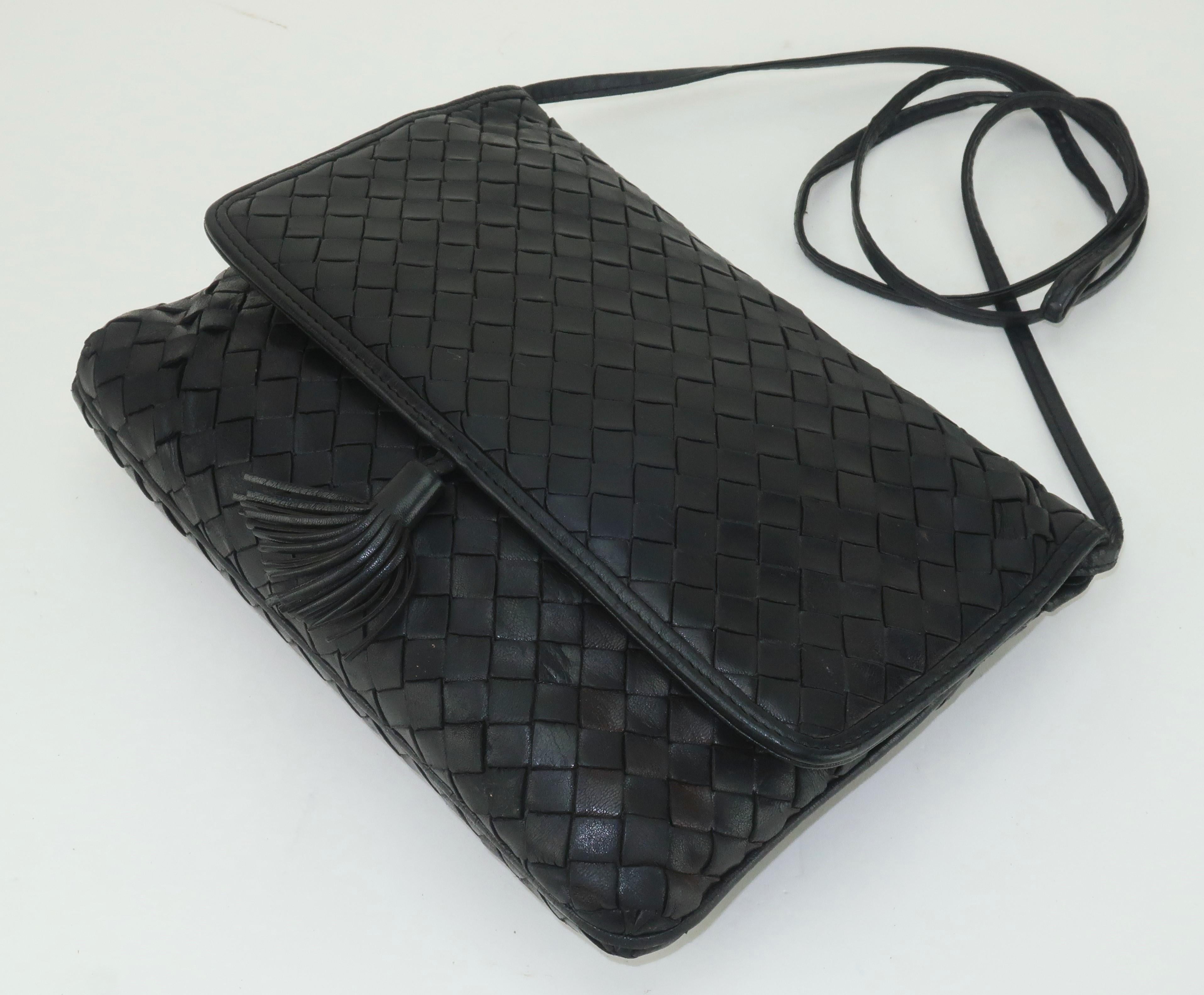 BOTTEGA VENETA Black Leather Intrecciato Shoulder Strap Handbag, 1970's 3