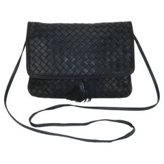 Vintage BOTTEGA VENETA Black Leather Intrecciato Shoulder Strap Handbag, 1970's