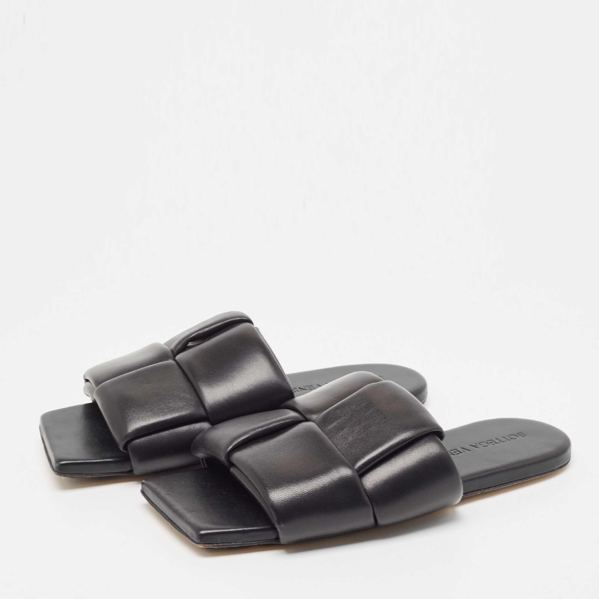 Bottega Veneta Black Leather Patch Flat Slides Size 37 4