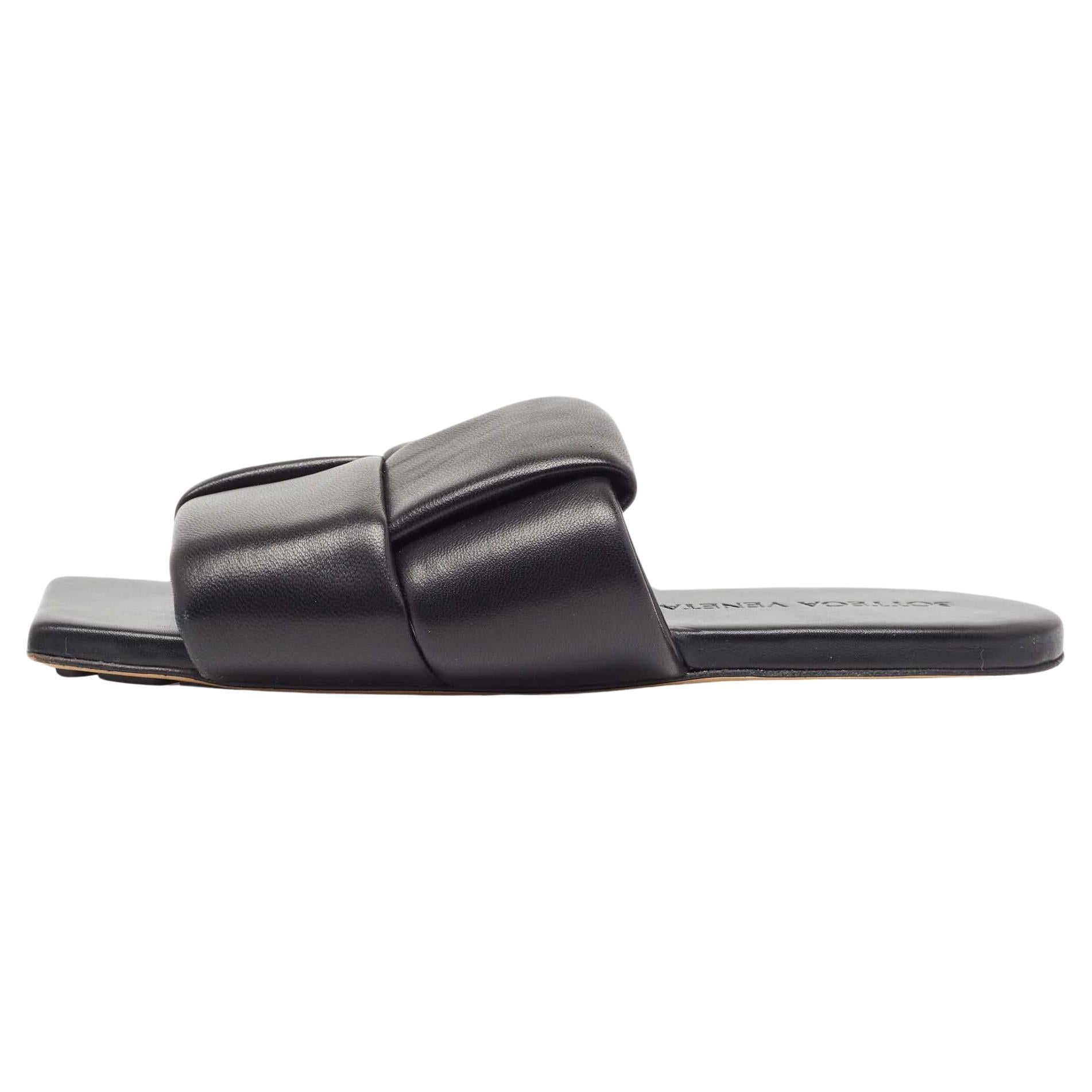 Bottega Veneta Black Leather Patch Flat Slides Size 37