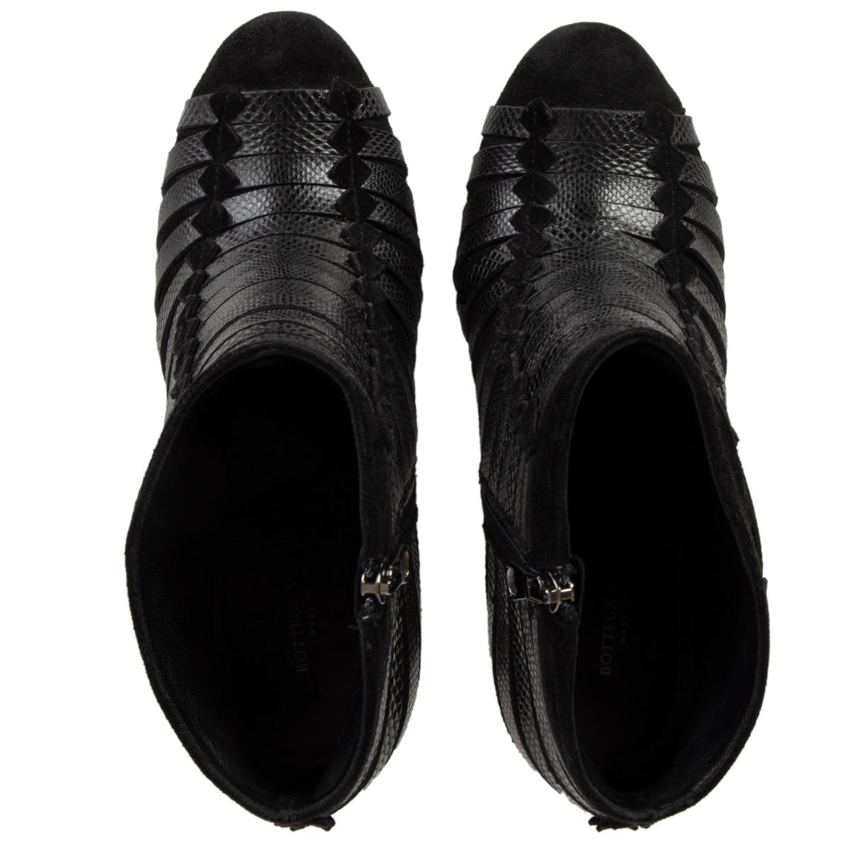 Black BOTTEGA VENETA black leather & suede FAUX LIZARD Ankle Boots Shoes 38.5
