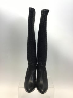 Bottega Veneta Black Leather Woven Knee High Boots