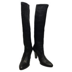 Bottega Veneta Black Leather Woven Knee High Boots