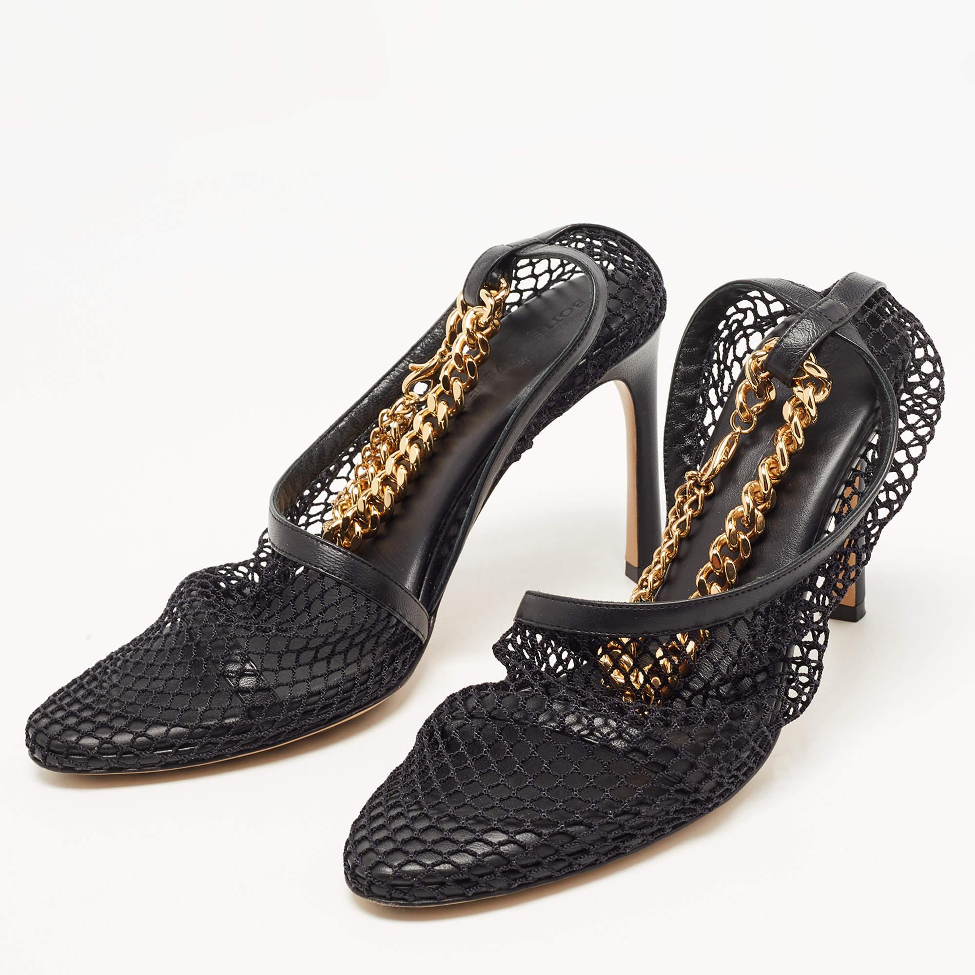 Women's Bottega Veneta Black Mesh and Leather Chunky Chain Ankle Strap Sandals Size 37.5