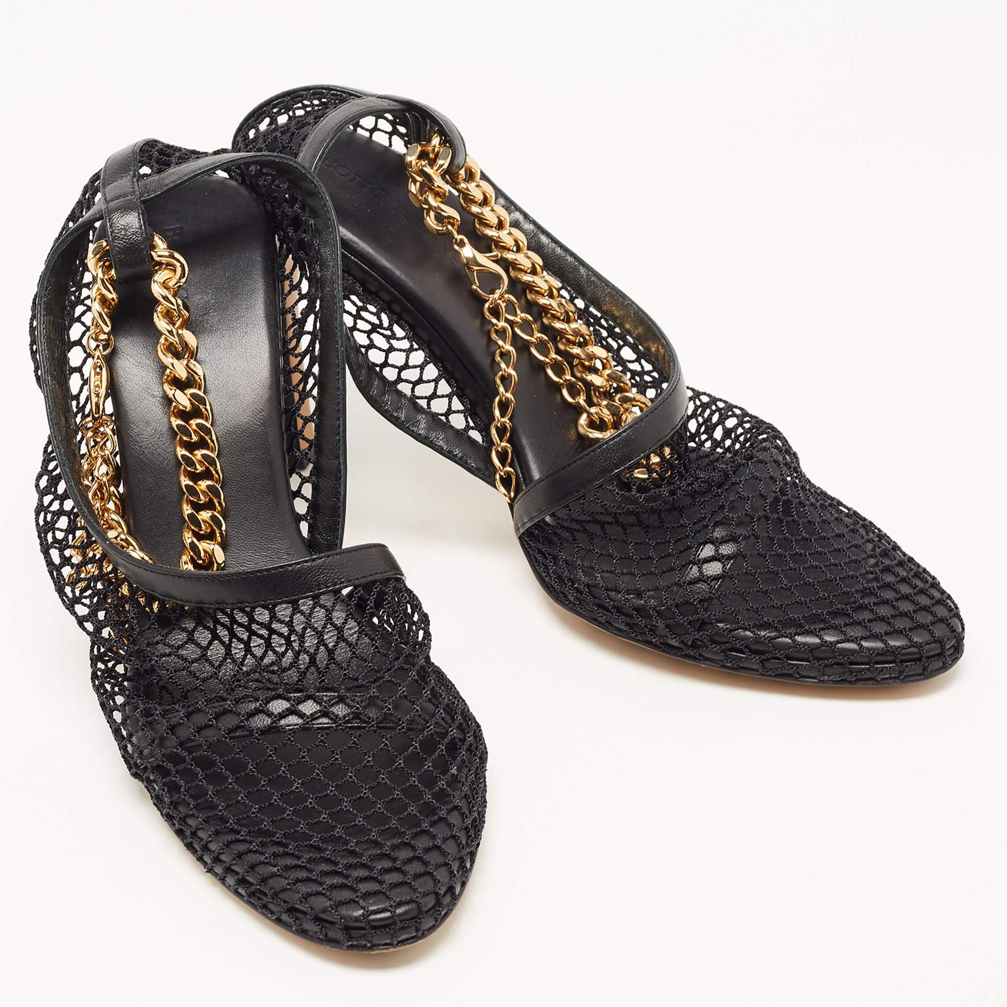 Bottega Veneta Black Mesh and Leather Chunky Chain Ankle Strap Sandals Size 37.5 1