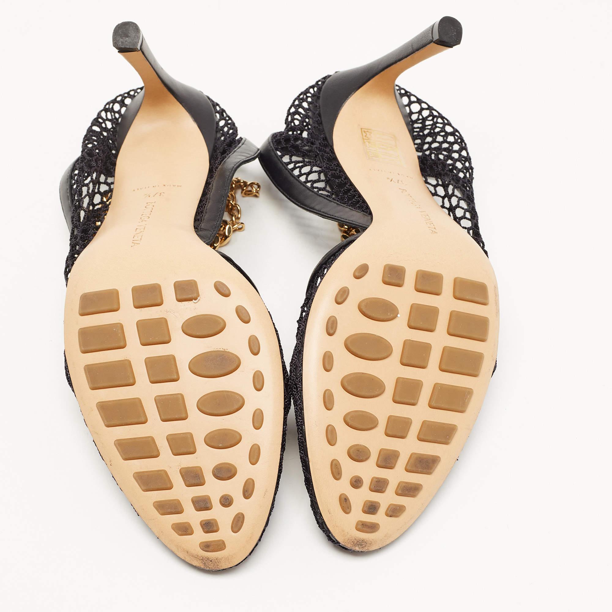 Bottega Veneta Black Mesh and Leather Chunky Chain Ankle Strap Sandals Size 37.5 5