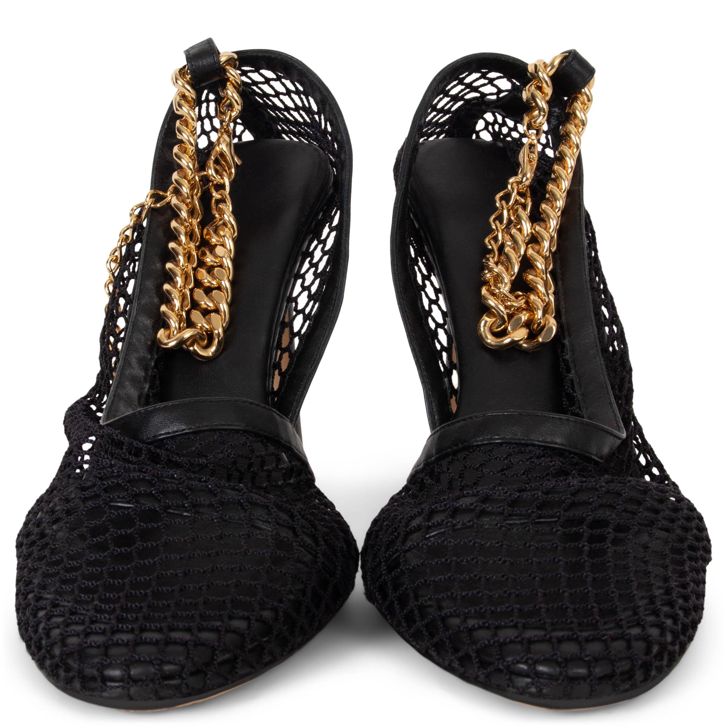 Elevate your style with the 100% authentic Bottega Veneta Stretch Heels in black mesh and leather. These striking pumps feature a bold chain embellishment with gold-finish hardware, adding a touch of edge to their elegant design. Crafted from