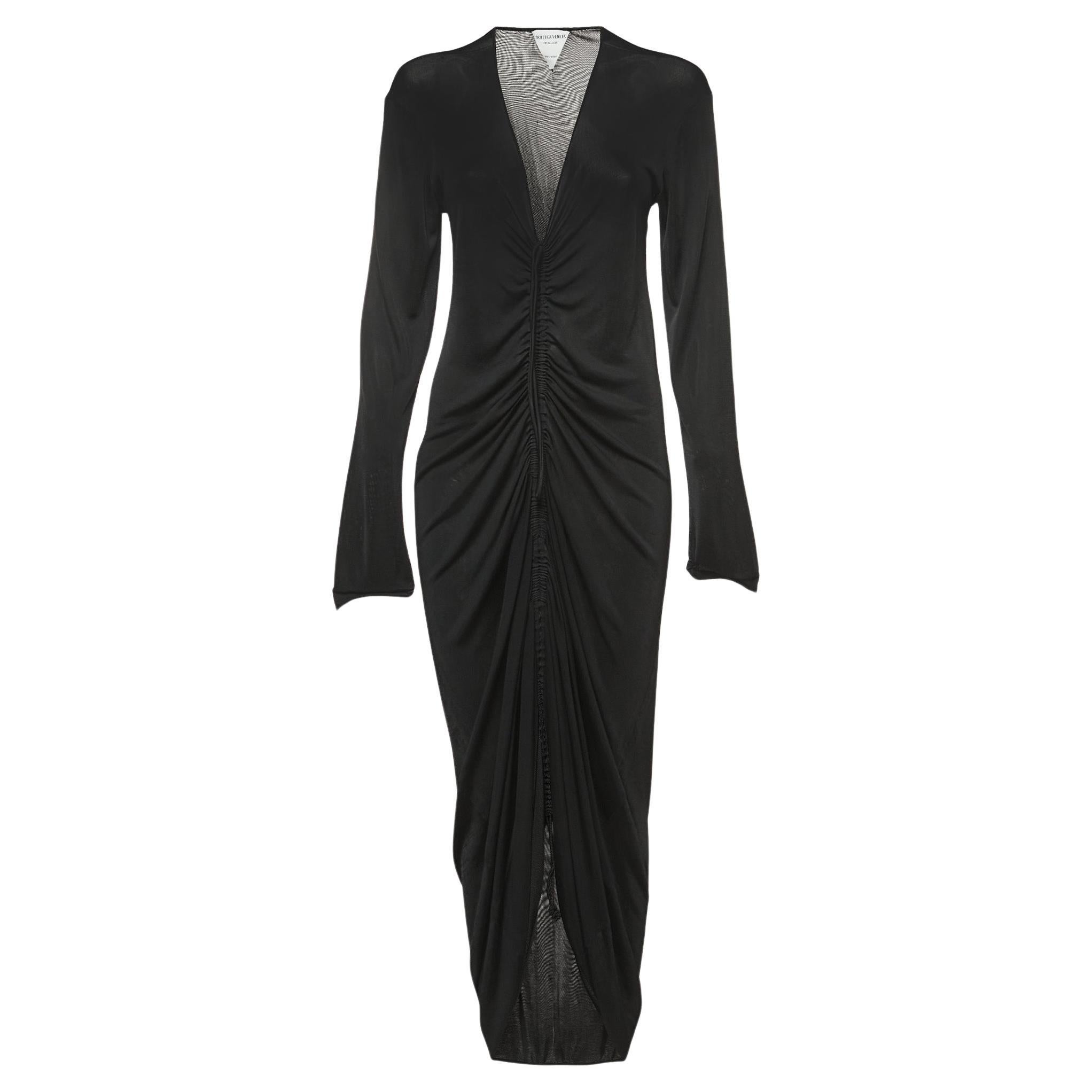Bottega Veneta Black Mesh Ruched Tie-Up Detail Dress S For Sale