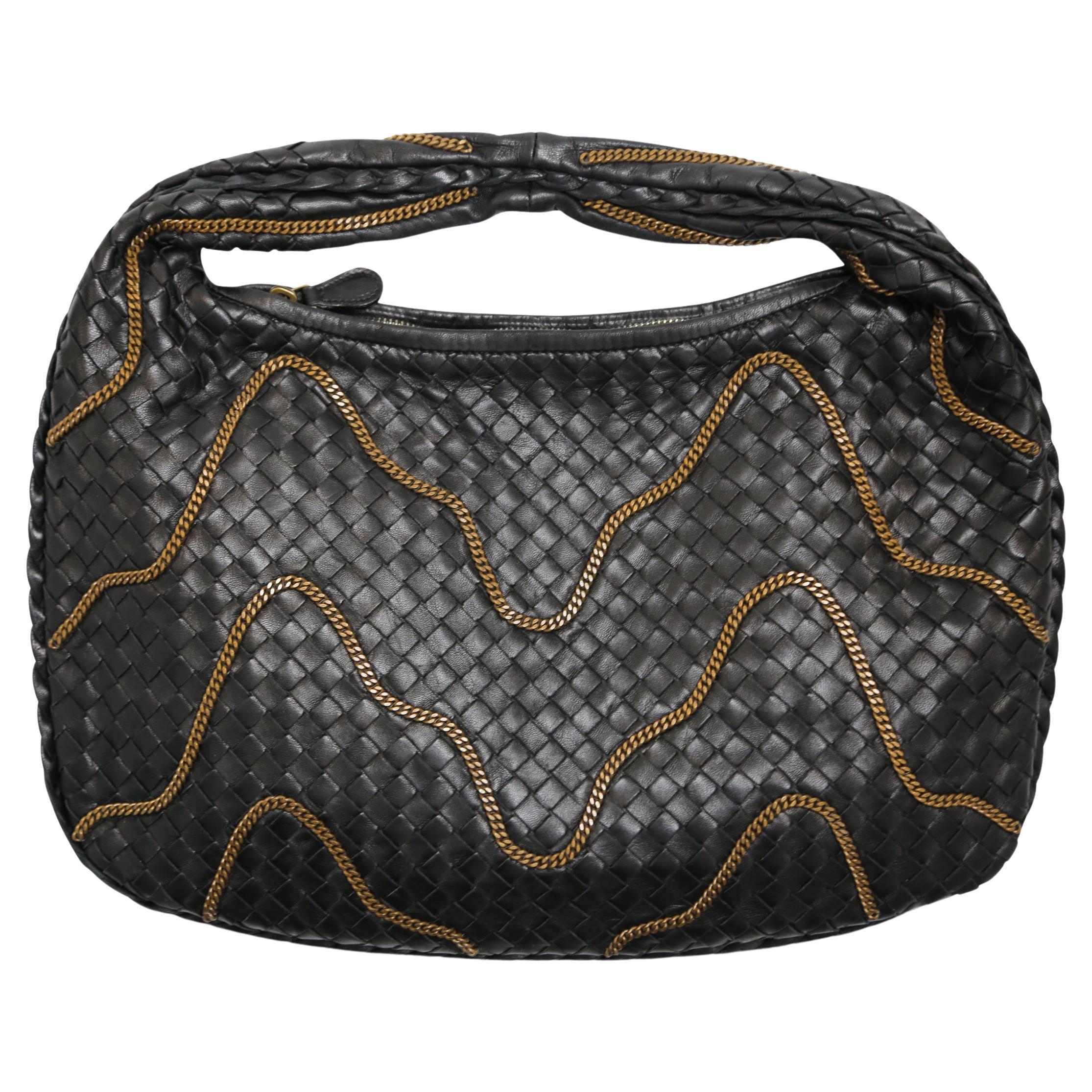 Bottega Veneta Black Napa Intrecciato with Chain Hobo Bag For Sale