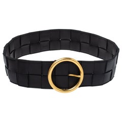Bottega Veneta Black Orthogonal Maxi Weave Leather Circular Buckle Belt Size 75 