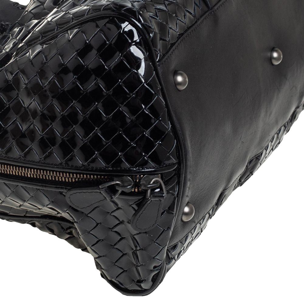  Bottega Veneta Black Patent Intrecciato Leather Boston Bag 5