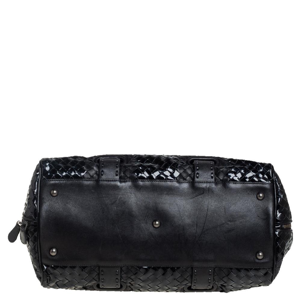 Women's  Bottega Veneta Black Patent Intrecciato Leather Boston Bag