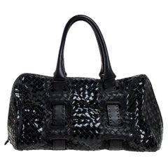 Bottega Veneta Black Patent Intrecciato Leather Boston Bag