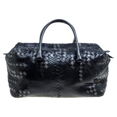 Bottega Veneta Black Python and Leather Intrecciato Detail Brick Bag
