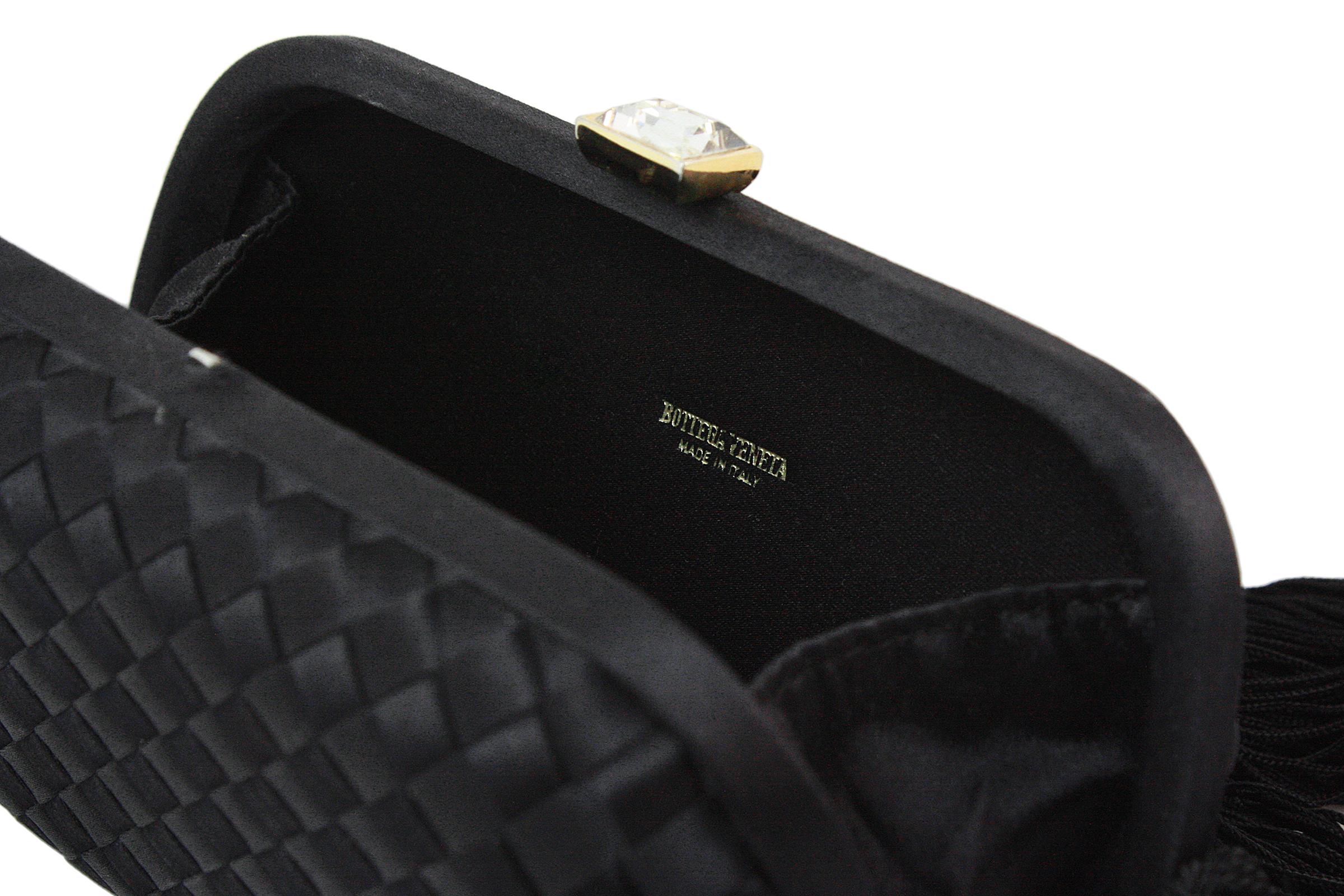 Bottega Veneta Black Satin Woven Clutch with Tassel In Good Condition For Sale In Los Angeles, CA