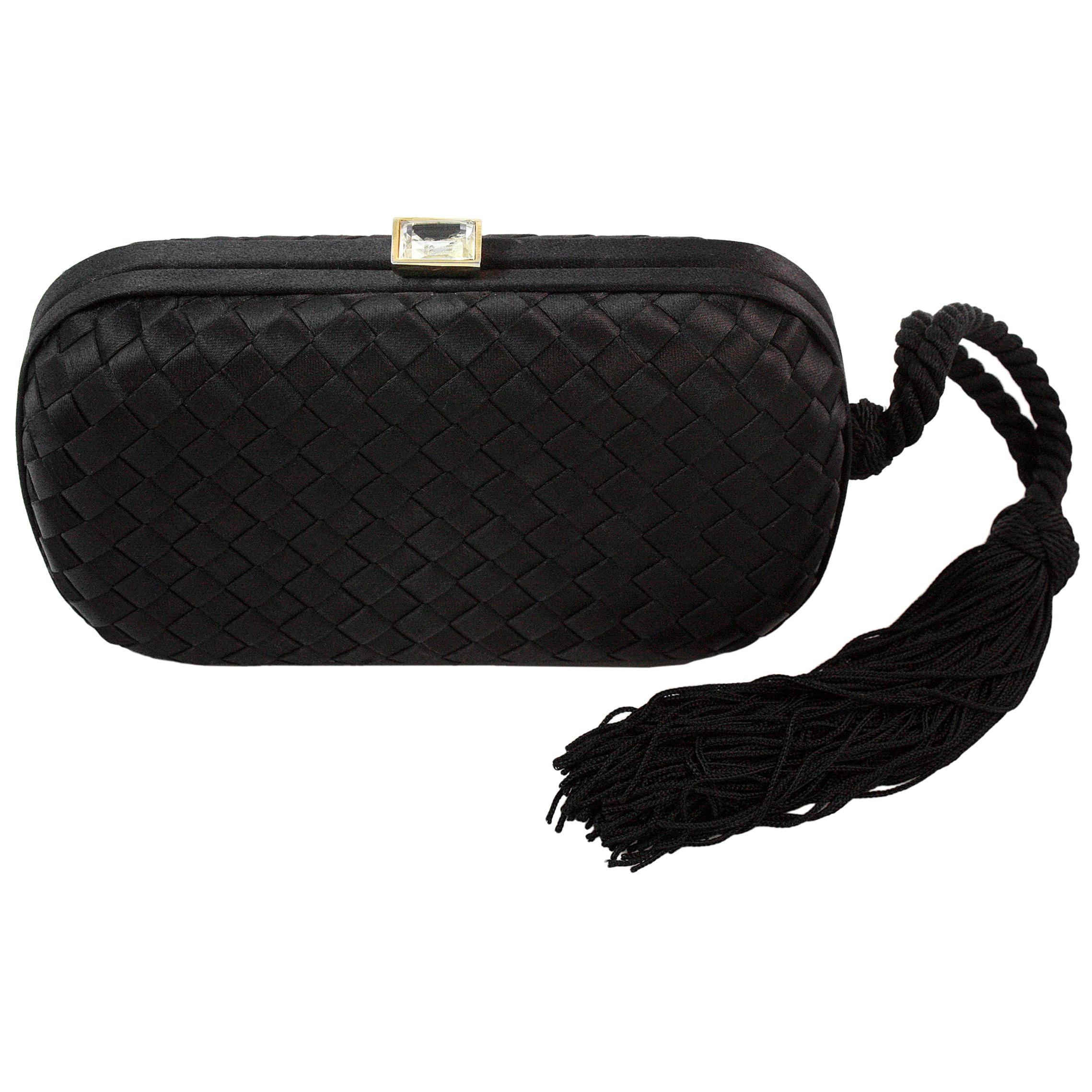 Bottega Veneta Black Satin Woven Clutch with Tassel For Sale