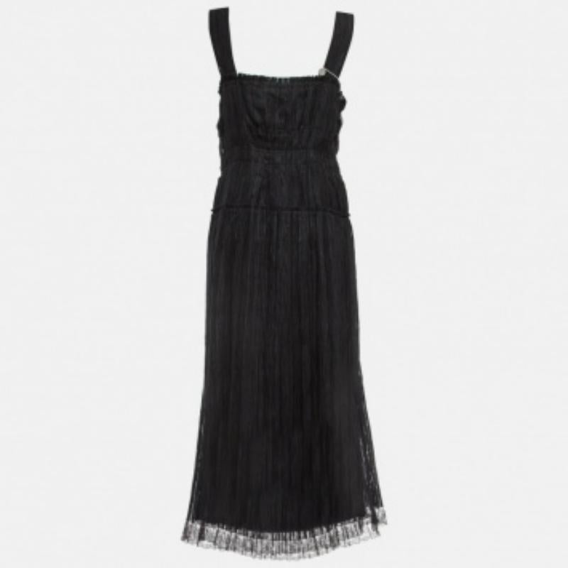 Nero Bottega Veneta - Vestito midi nero in misto seta con pizzo a pieghe L.L.A. in vendita
