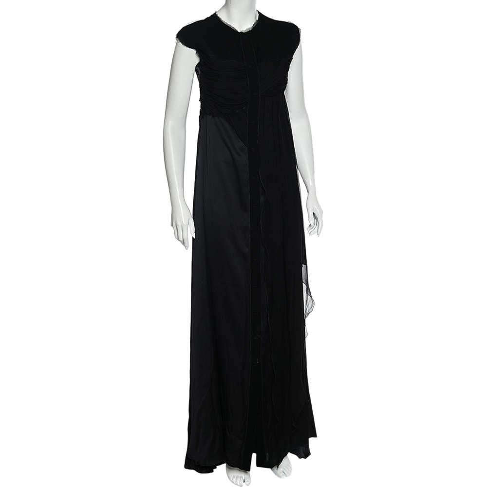 Bottega Veneta Black Silk Draped Detail Button Front Maxi Dress M In Good Condition For Sale In Dubai, Al Qouz 2