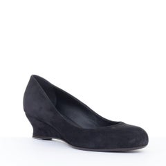 BOTTEGA VENETA black suede sculpted low wedge round toe slip on pumps EU36.5