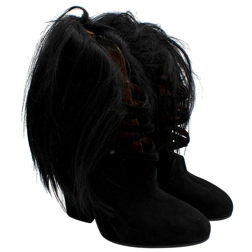Bottega Veneta Black Suede Strappy Hair Trimmed Booties - Size EU 35.5 For Sale
