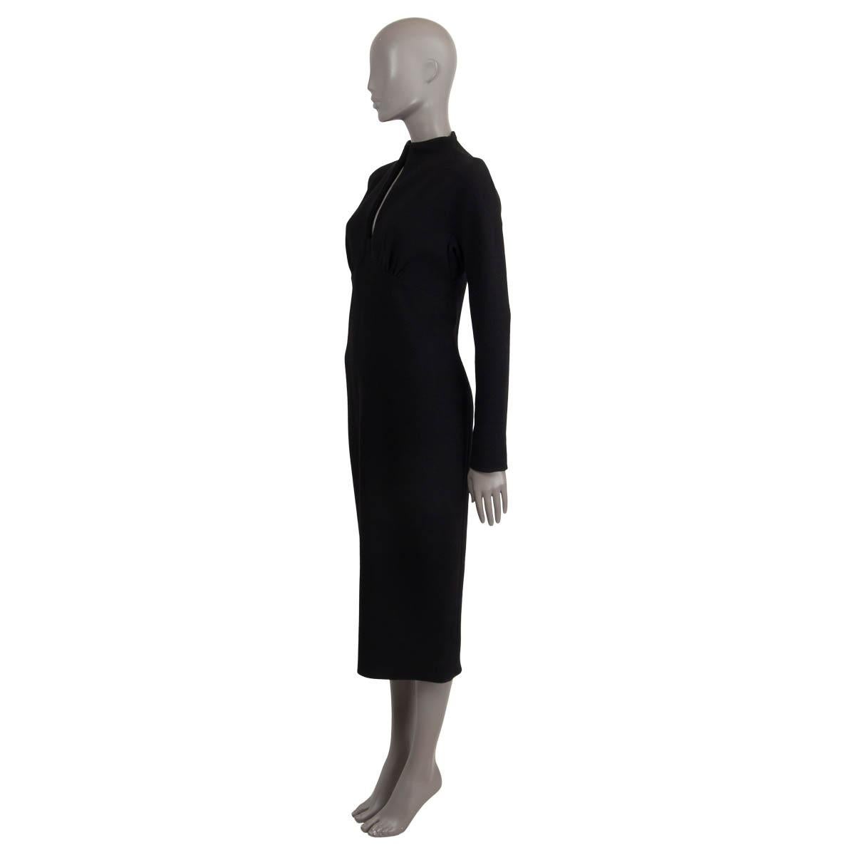 100% authentic Bottega Veneta stand collar maxi dress in black wool (assumed cause tag is missing). Features long raglan sleeves (sleeve measurements taken from the neck), zipped cuffs and a v-neck. Opens with a concealed zipper and a hook on the